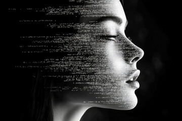 Poster - A serene face merges with abstract digital code, representing technology's interplay with human identity and emotions.