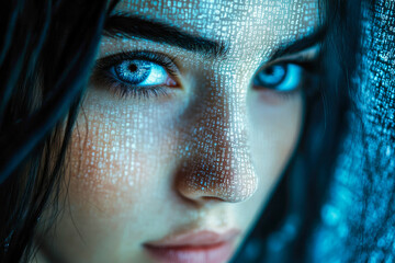 Poster - A piercing gaze immersed in cascading binary code, symbolizing the fusion of human insight with digital information streams.