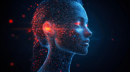 Poster - A stunning abstract digital face featuring red beams and intricate networks, highlighting the beauty of modern innovation.