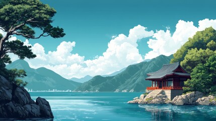 Wall Mural - Serene Lakeside Pagoda with Mountain View