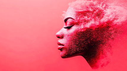 Poster - Profile of a woman's face smoothly dissolving into intricate digital clouds and pixels, symbolizing human-digitization symbiosis.