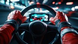 Cinematic close-up of driver hands, racer in red gloves and protective gear, gripping steering wheel of racing car.