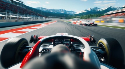 Wall Mural - Close-up, perspective view from cockpit. Formula 1 race car speeding down track, with view of mountain backdrop visible in the distance.