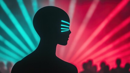 A silhouette of a futuristic figure with a glowing visor, standing against a backdrop of vibrant red and blue lights, exuding a cyberpunk atmosphere..