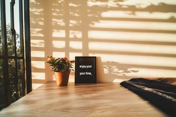 A serene corner with a potted plant and a framed quote, bathed in warm sunlight.