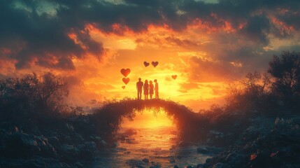 Poster - Silhouetted figures on a bridge at sunset with floating hearts.