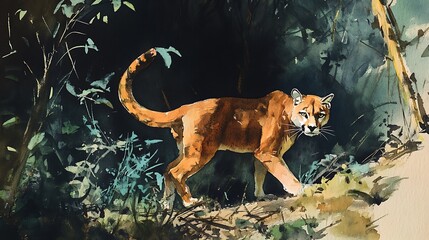 Wall Mural - Watercolor Painting of a Cougar in the Forest.