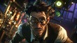 © Anastasiia - Eccentric steampunk scientist with wild hair and large goggles intensely focused in a futuristic laboratory setting. The image captures the essence of creativity and innovation with a retro-futuristic