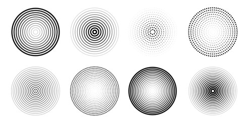 Aufkleber - Vector collection of sound wave concentric circles in halftone and linear style. Set of sonar waves, signal vibration, radar icon