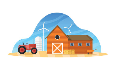 Farmhouse with tractor and wind turbines in the field. Vector illustration.