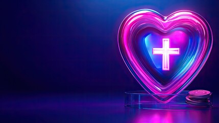 Neon heart with cross symbol on pedestal, abstract background.