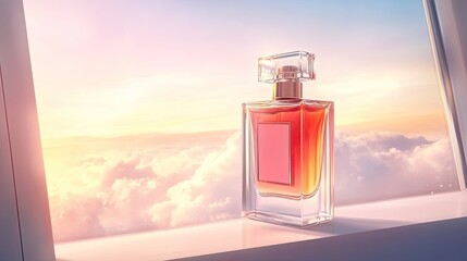 Perfume bottle on windowsill with clouds and sunrise in the background.