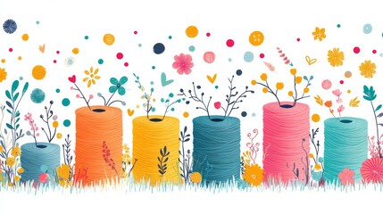 Sticker - Colorful Yarn Spools with Floral Designs