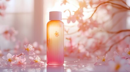 Wall Mural - A bottle of natural beauty product with a blurred background of blooming pink flowers.