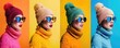 © *Lara* - Four different fashionable individuals pose in bold winter hats and sunglasses against colorful backgrounds, showcasing trendy winter styles.
