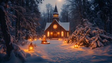 A charming wooden chapel illuminated by lanterns on a snowy winter evening.