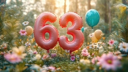 Sticker - Colorful balloons displaying the number 63 in a floral setting.