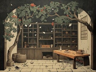 Canvas Print - Japanese Style Courtyard with Antique Shelves and Table