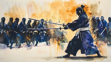 Sticker - Watercolor Painting of a Samurai Warrior in Combat.