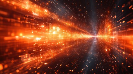 A stunning visual representation of digital data being transmitted at high speed, featuring vibrant orange and blue hues, creating a sense of motion and energy.