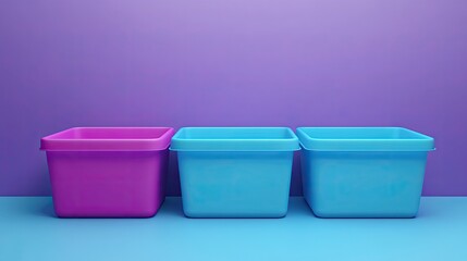 Three colorful empty plastic storage boxes in a row on a blue surface with a purple wall in the background.