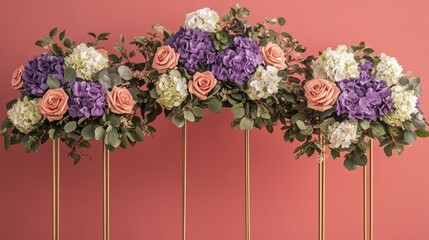 Wall Mural - Three tall gold stands with floral arrangements of purple, pink, and white hydrangeas, roses, and greenery, against a solid pink wall.