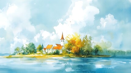 Wall Mural - Watercolor Painting of a Village by the Water.