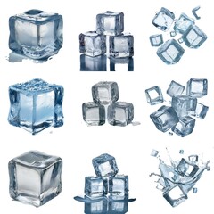 Aufkleber - A collection of ice cubes in different arrangements, some isolated, others with water droplets or a splash.