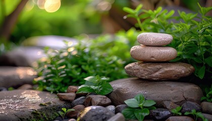 Outdoor meditation with serene surroundings, peaceful and inviting, Nature, Soft greens, Photograph, Tranquil retreat