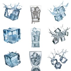 Aufkleber - Multiple images of ice cubes, some falling into water and creating a splash, and some in a glass.