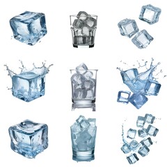 Poster - Ice cubes in various states, including isolated, falling into a glass, and splashing in water.