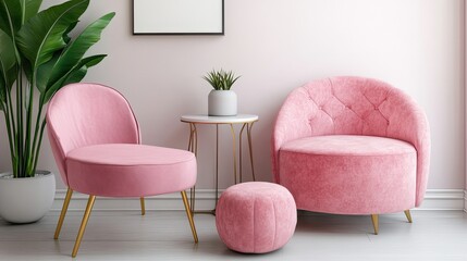 Two pink velvet armchairs with gold legs, a round ottoman, and a small side table with a plant in a white pot, against a light pink wall and wood floor, with a blank picture frame on the wall.