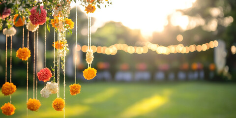 Wall Mural - Garlands of orange marigolds against a blurred background of a park, house or temple. Banner template for autumn festival or toran Indian traditional Diwali, Day of dead, wedding copyspace