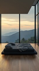 Modern Bedroom with Mountain View and Large Windows