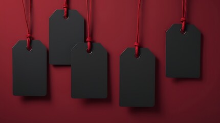 blank price tags hanging on dark red background, black price tags perfect for black Friday, sale, branding,  AI Generative