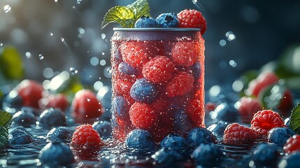 Wall Mural - A can full of raspberries and blueberries with water droplets splashing around it.