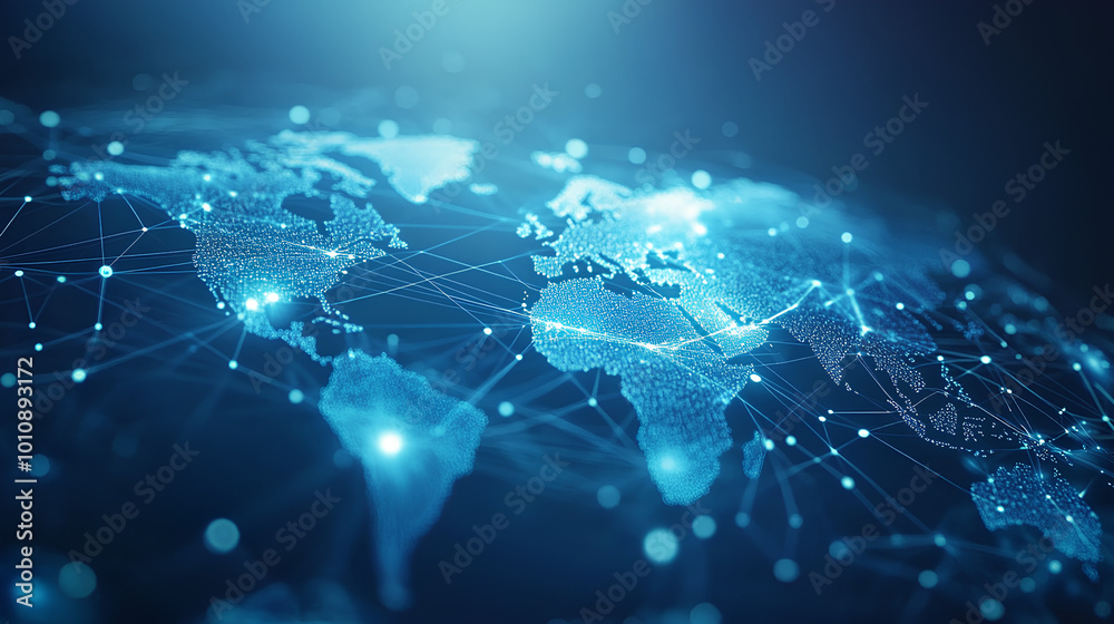 light blue background with a digital world map and global network ...