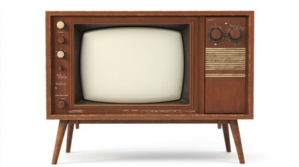 Wall Mural - Vintage wooden television with a blank screen, isolated on a white background.