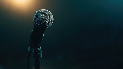 Wall Mural - A close-up of a microphone against a blurred background, ready for a performance or speech.