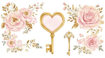 Wall Mural - Watercolor illustration of pink roses and golden keys with a heart-shaped keyhole in the middle.