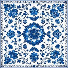 Bandana blue pattern floral geometric antique design on white background