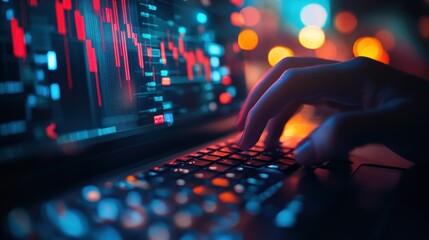 Poster - A close-up of a hand typing on a laptop keyboard, displaying financial data on the screen.