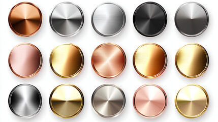 Poster - set of metal chrome circle buttons is presented in vector format, featuring metallic rose gold, bron
