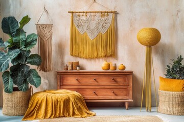 A cozy bohemian style room with a warm color palette featuring macrame, plants, and a wooden dresser.