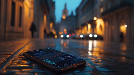 Wall Mural - A smartphone displaying stock market data on a wet street at dusk.