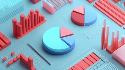 Canvas Print - 3D abstract data visualization with charts and graphs in red and blue tones.