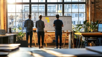 Sticker - Team brainstorming in a modern office space with a whiteboard and natural light.