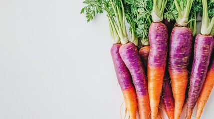 Wall Mural - A bunch of colorful carrots with green tops on a white background.