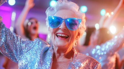 Cheerful elderly woman in a sparkling blue outfit and bright sunglasses dancing at a party for lifestyle campaigns