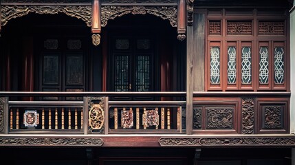 Wall Mural - Intricately carved wooden balcony showcasing traditional architectural design.